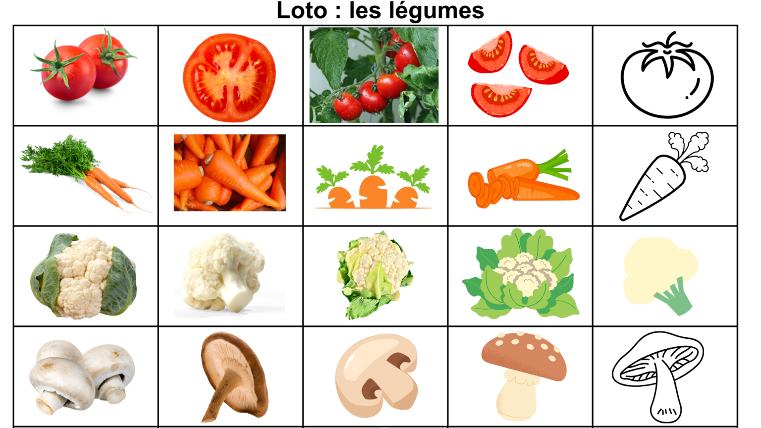 Un jeu de loto sur les fruits et légumes vocabulaire et généralisation