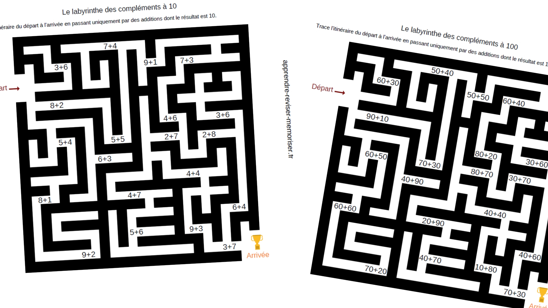 Labyrinthes des compléments à 10 et à 100 pour s'entraîner en s'amusant