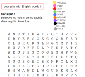 jeu mots melé anglais couleur