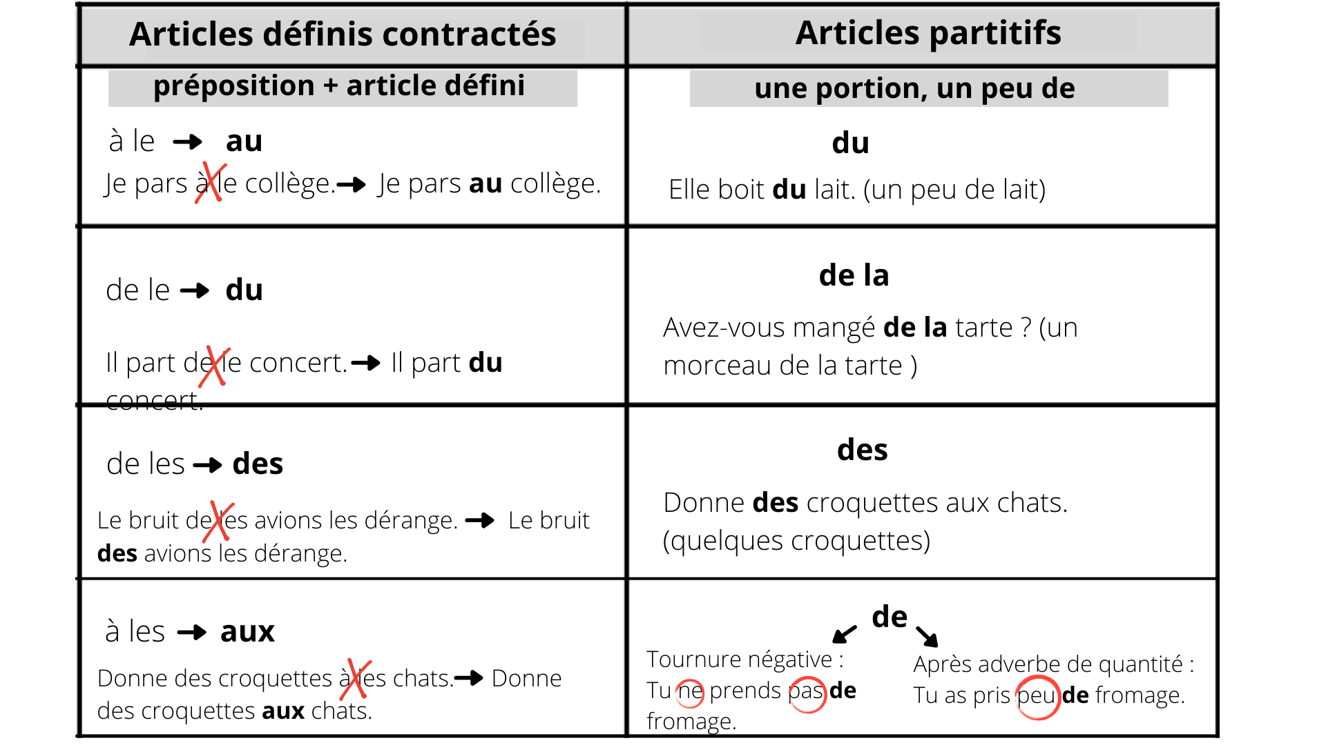 Différence entre articles définis contractés et articles partitifs : un  tableau récapitulatif - Apprendre, réviser, mémoriser