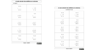 fiche additions à trous nombres décimaux imprimer