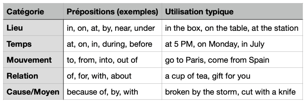 liste prépositions courantes anglais