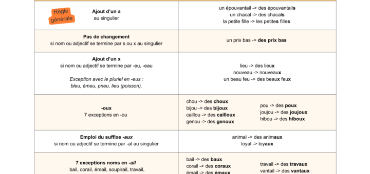 tableau formation du pluriel des noms et des adjectifs français