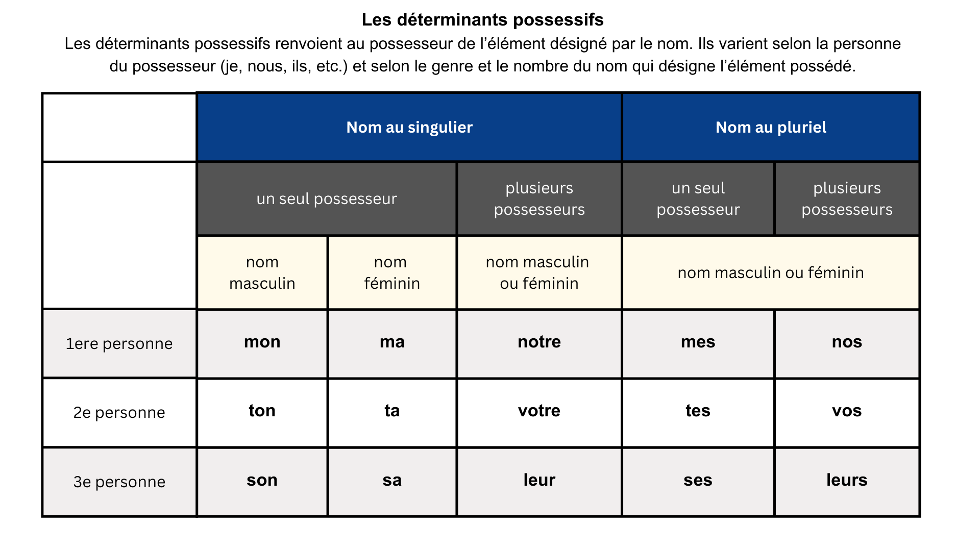 Tableau des déterminants possessifs en français - Apprendre, réviser,  mémoriser