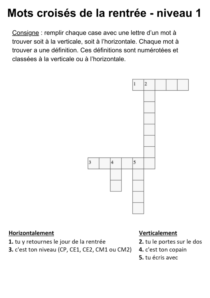 Mots croisés de la rentrée scolaire