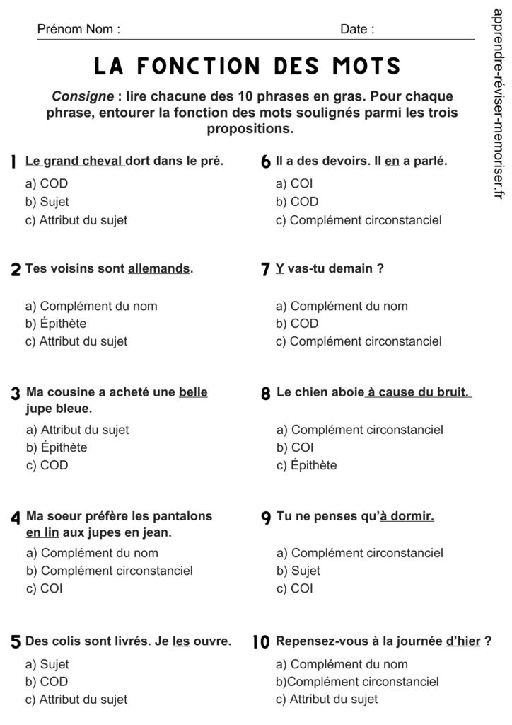 fonction des mots exercices