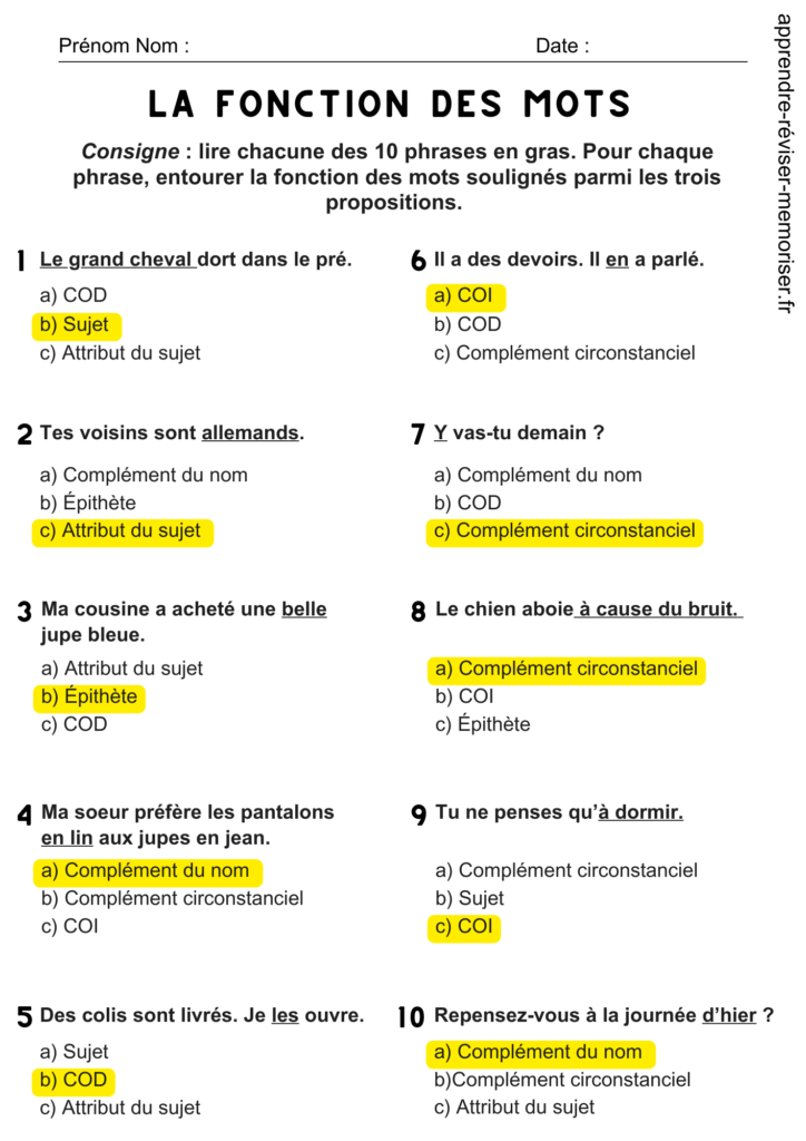 la fonction des mots exercices