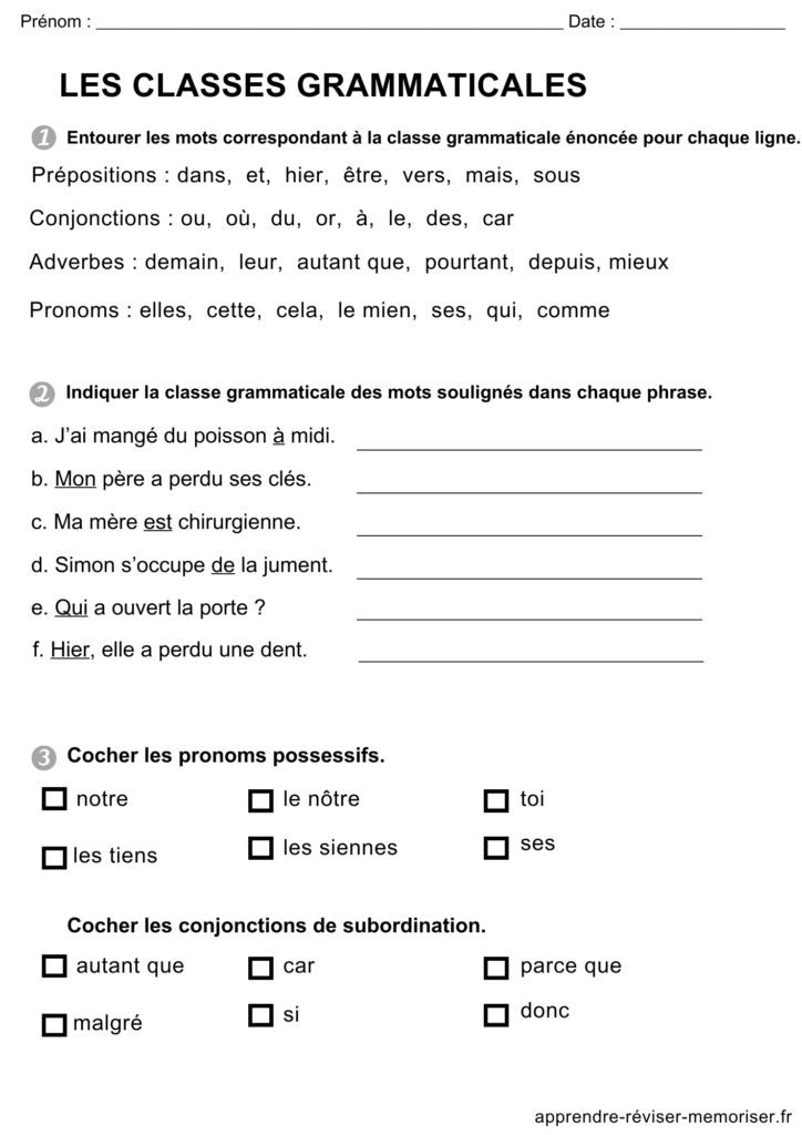 exercices classes grammaticales