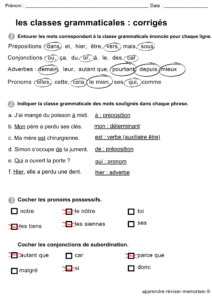 fiches exercices classes grammaticales