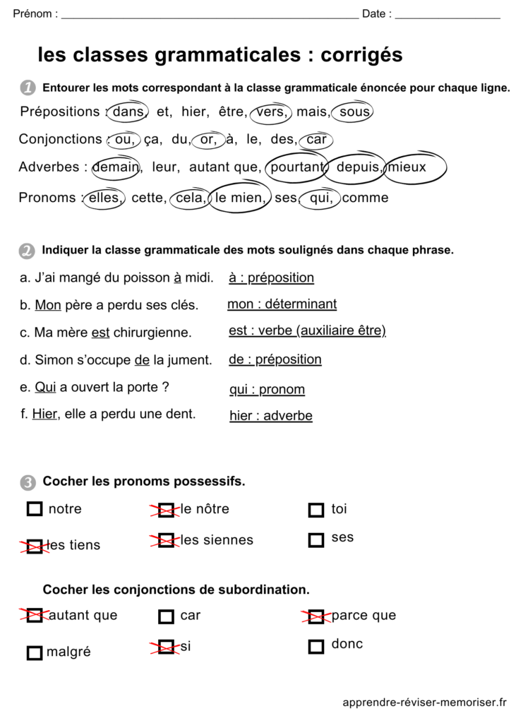 fiches exercices classes grammaticales