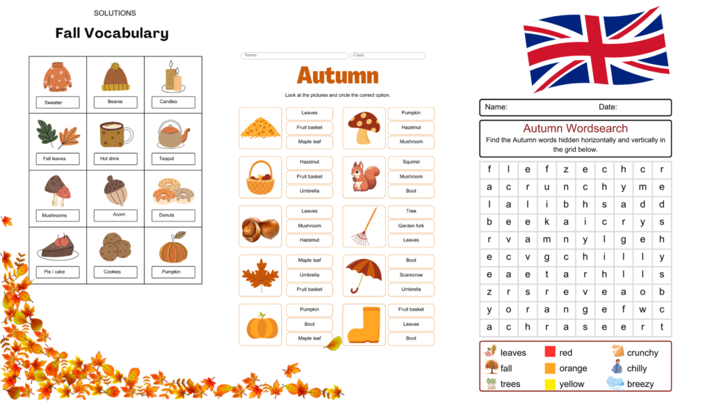 fiches exercices vocabulaire anglais automne