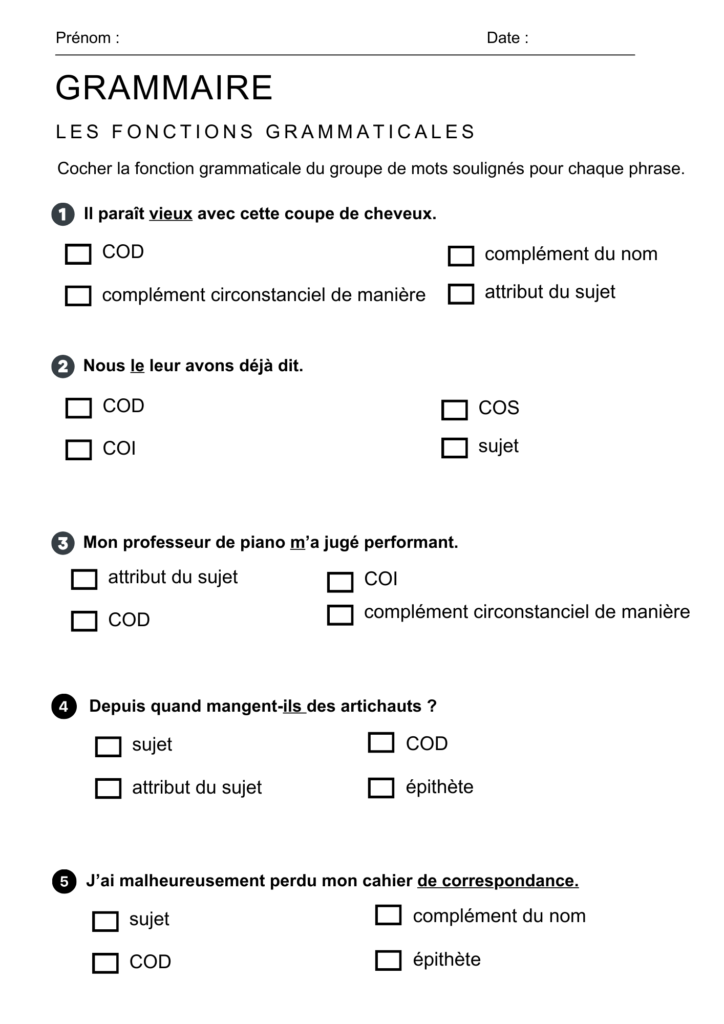 Exercices sur les fonctions grammaticales français