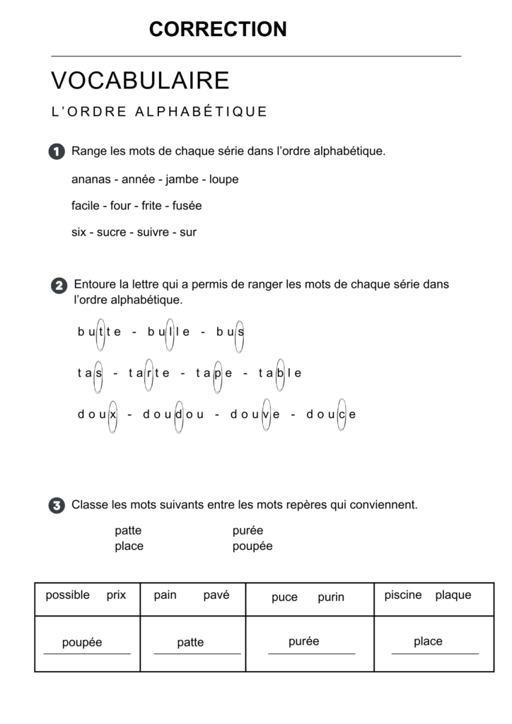 Exercices sur l’ordre alphabétique