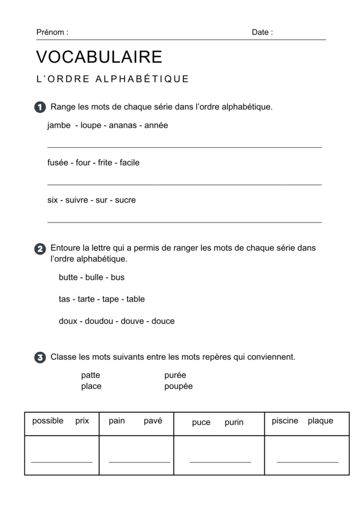 Exercices sur ordre alphabétique