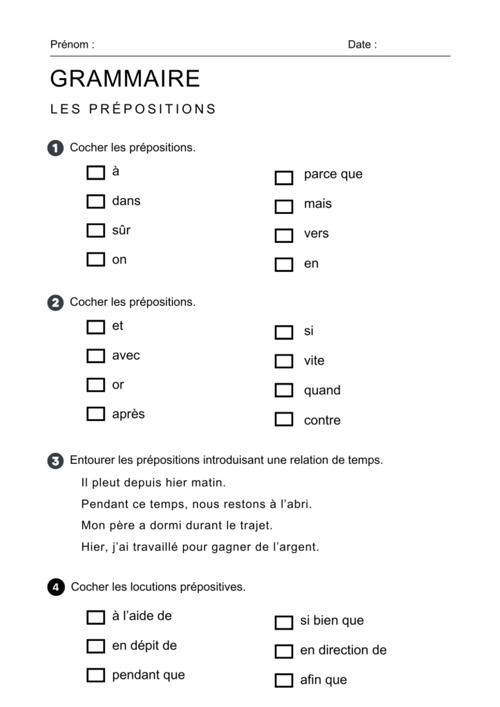 exercices sur les prépositions