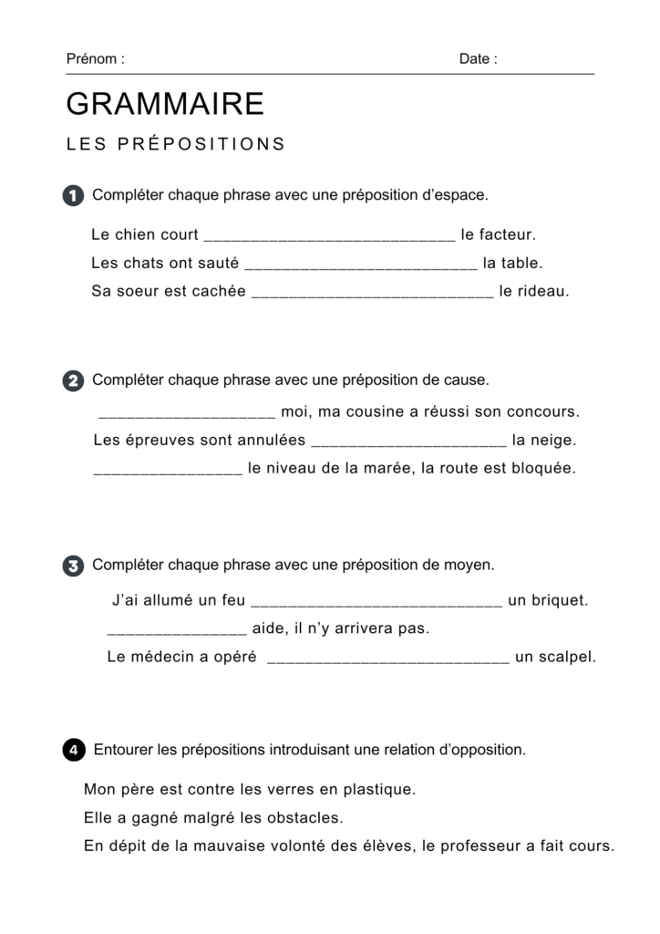 exercices sur les prépositions français