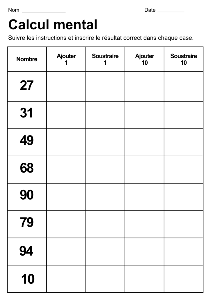 exercices calcul mental ajouter unité dizaine