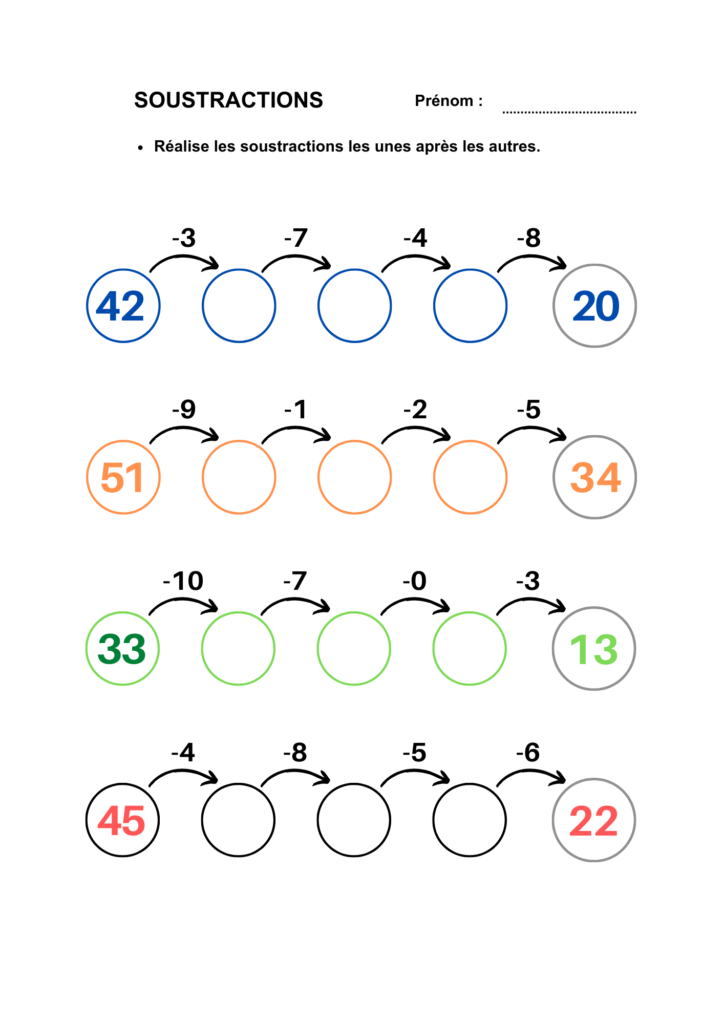 fiche calcul mental soustractions