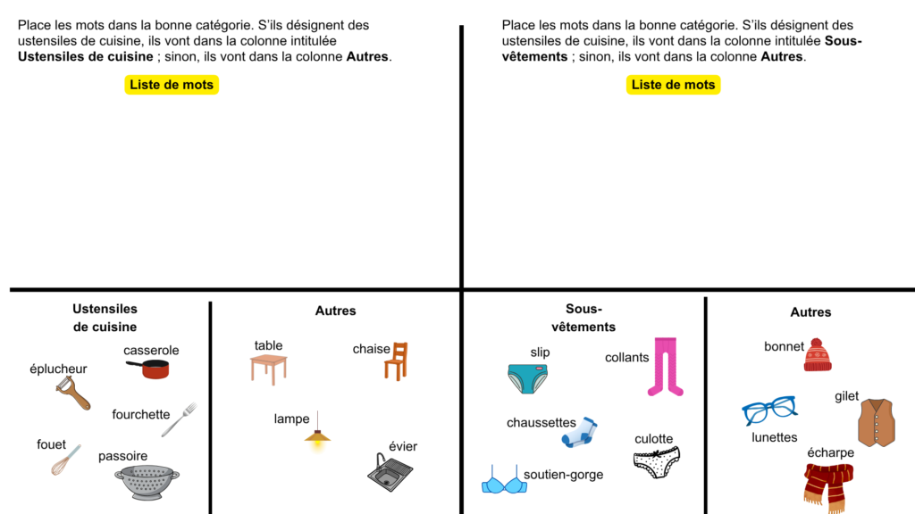 catégories mots français