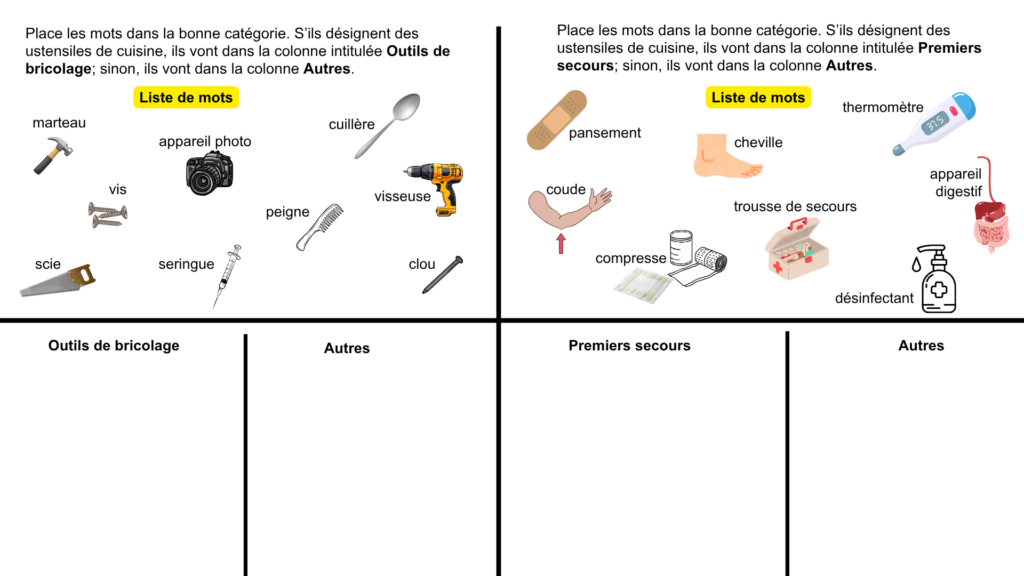 exercices catégoriser mots français