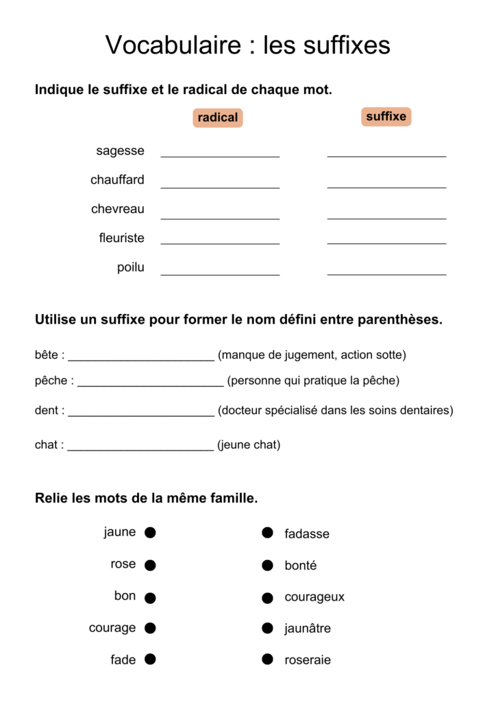 exercices suffixes vocabulaire
