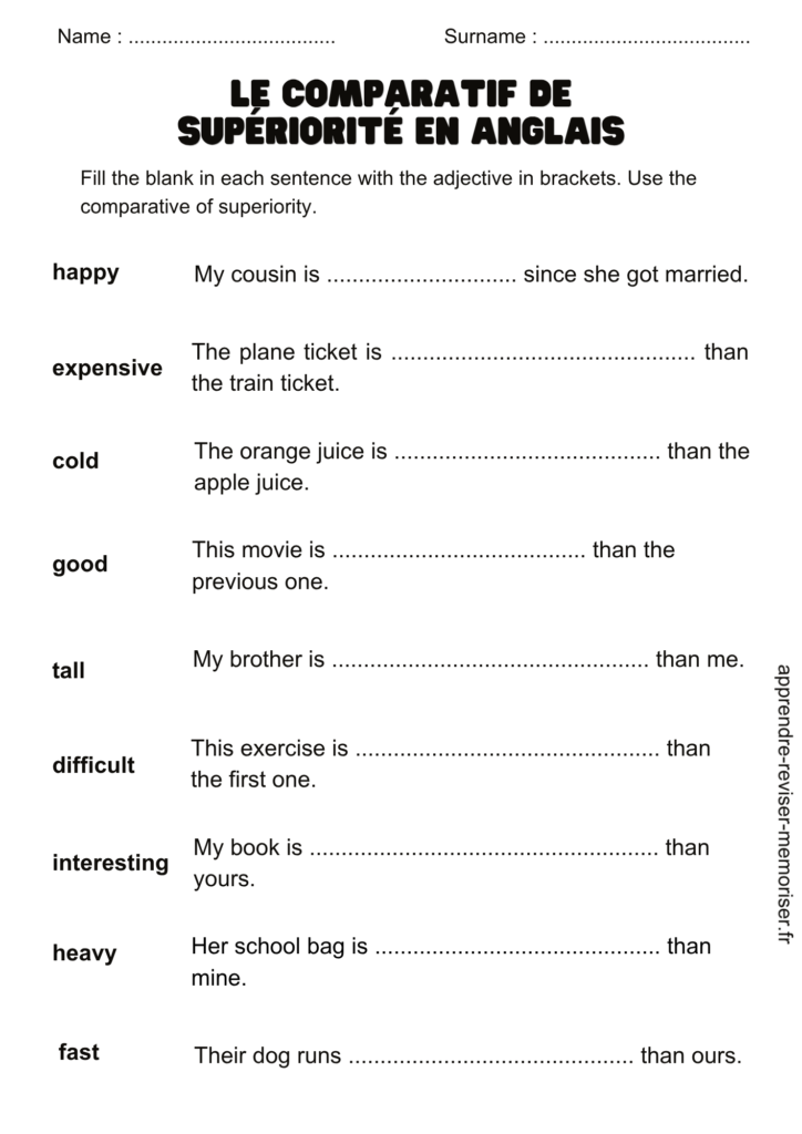 fiche exercices comparatif anglais