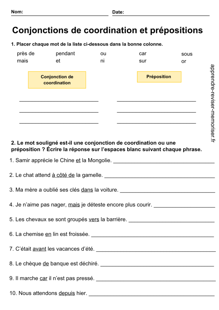 différence entre conjonctions de coordination et prépositions