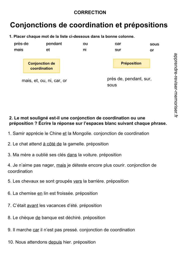 exercice conjonctions de coordination et prépositions