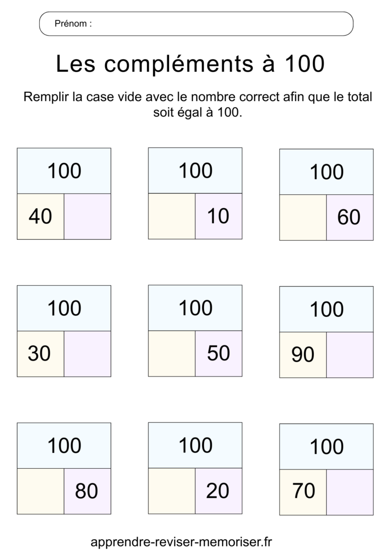 Fiches d'exercices : décomposition des nombres et compléments à 10, 100
