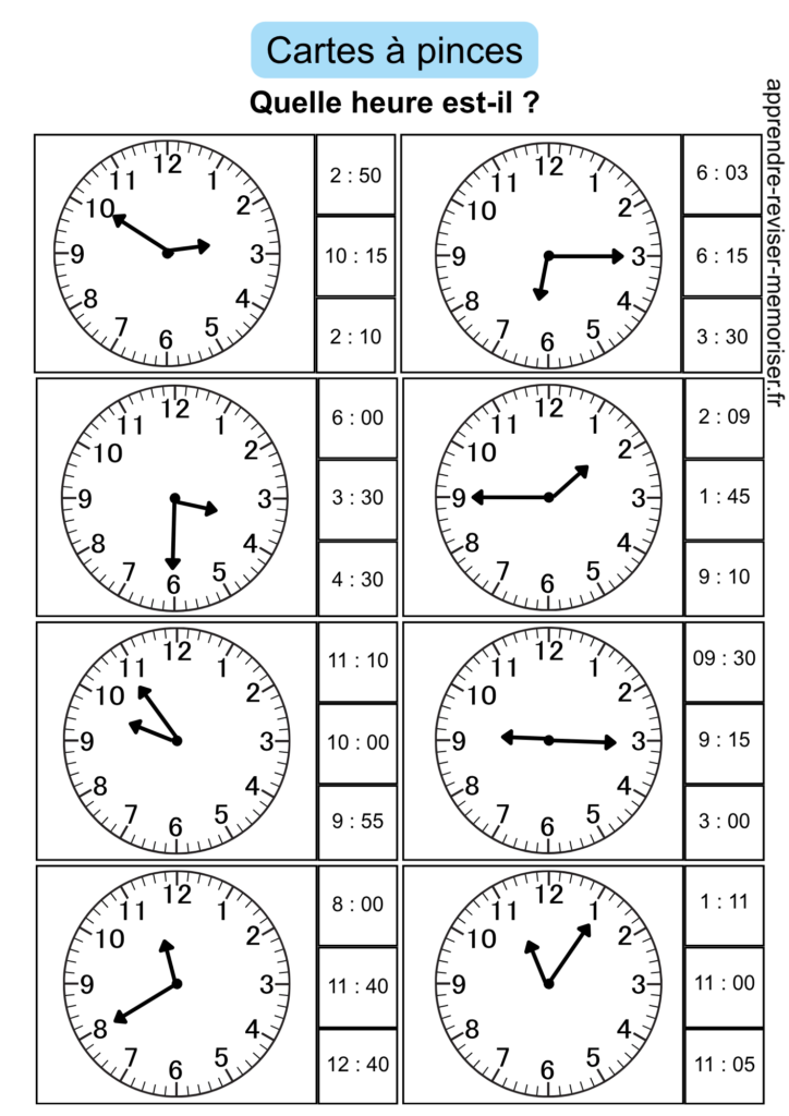 cartes pince heure horloges cycle 2