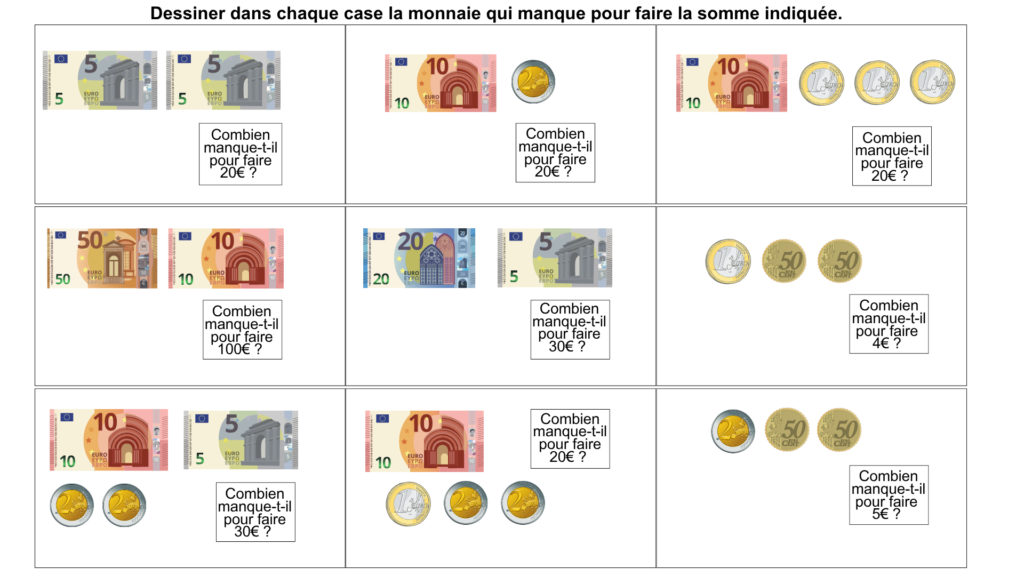 exercices compter pièces billets