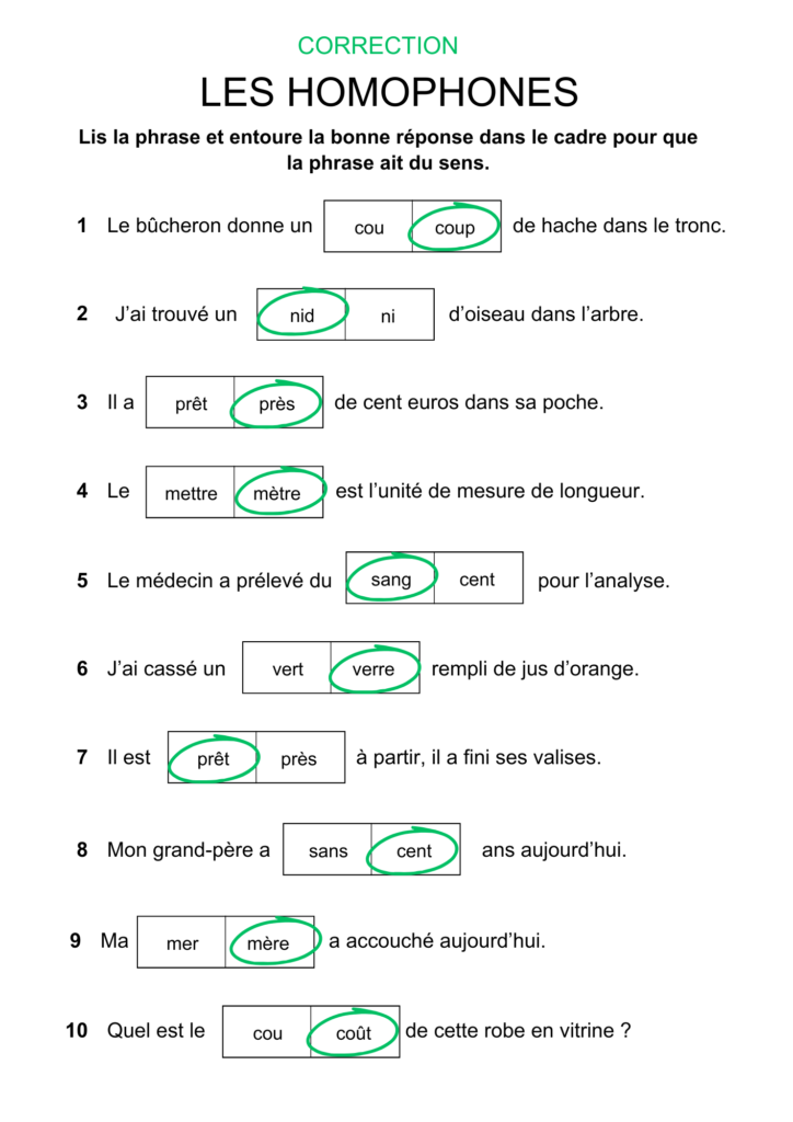 fiche exercices homophones français