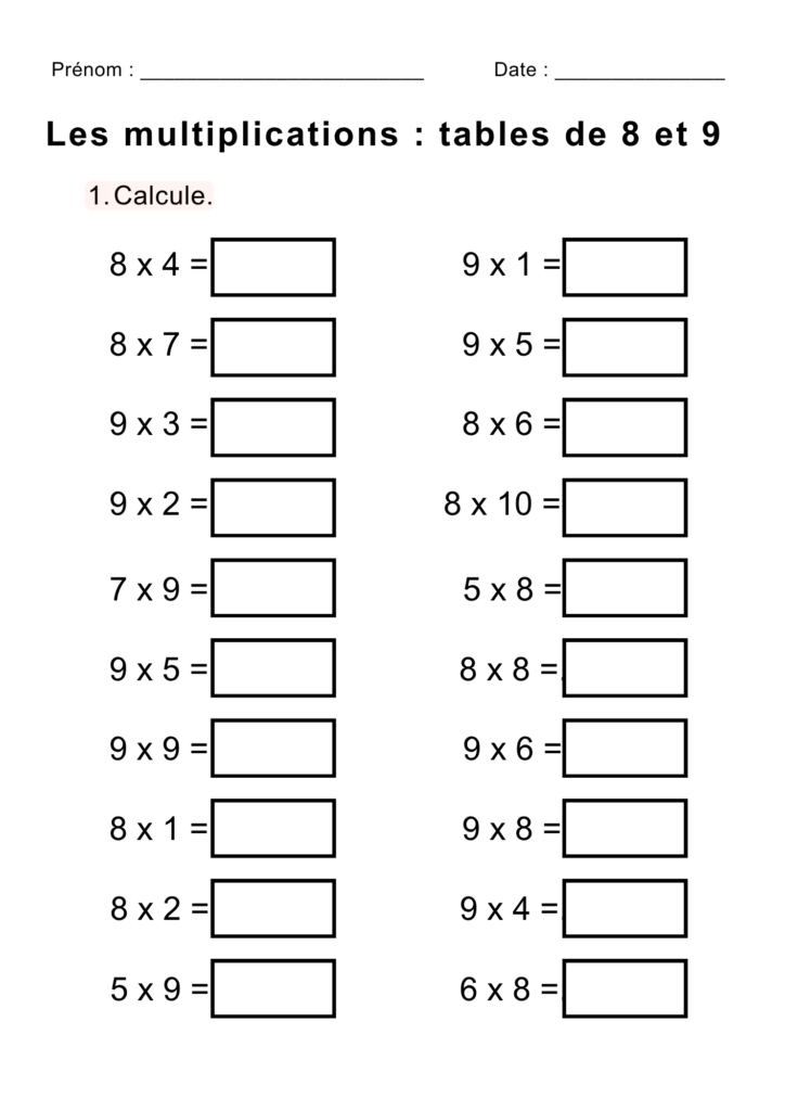5 fiches calcul multiplications