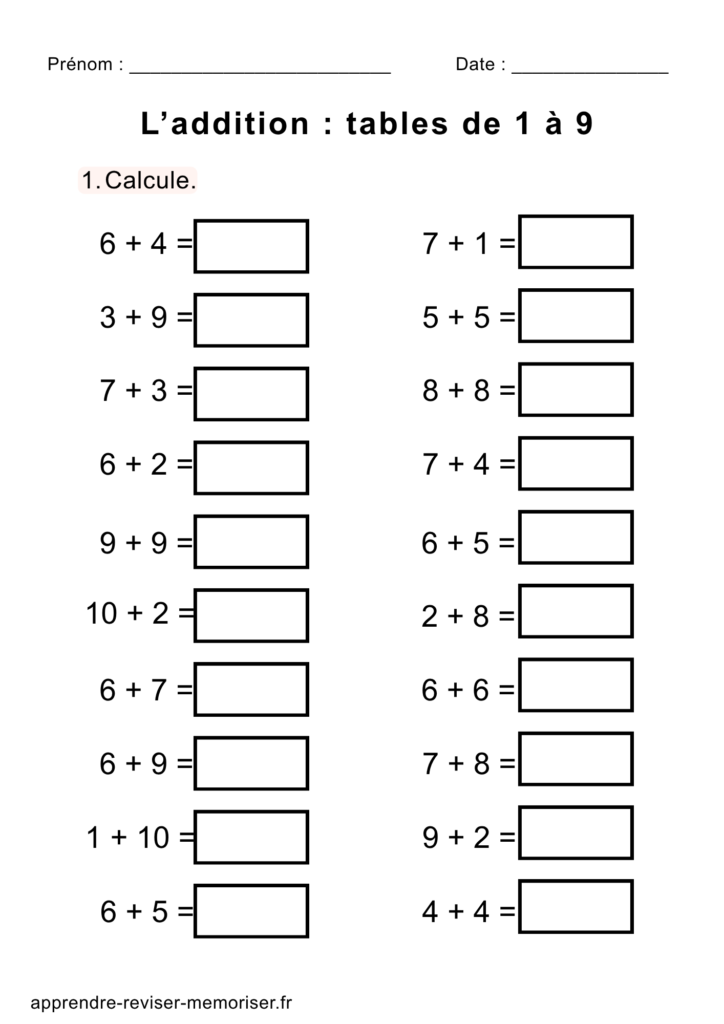fiche exercices calcul additions