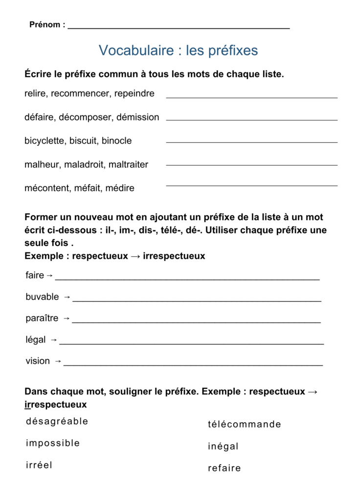 fiche exercices préfixes