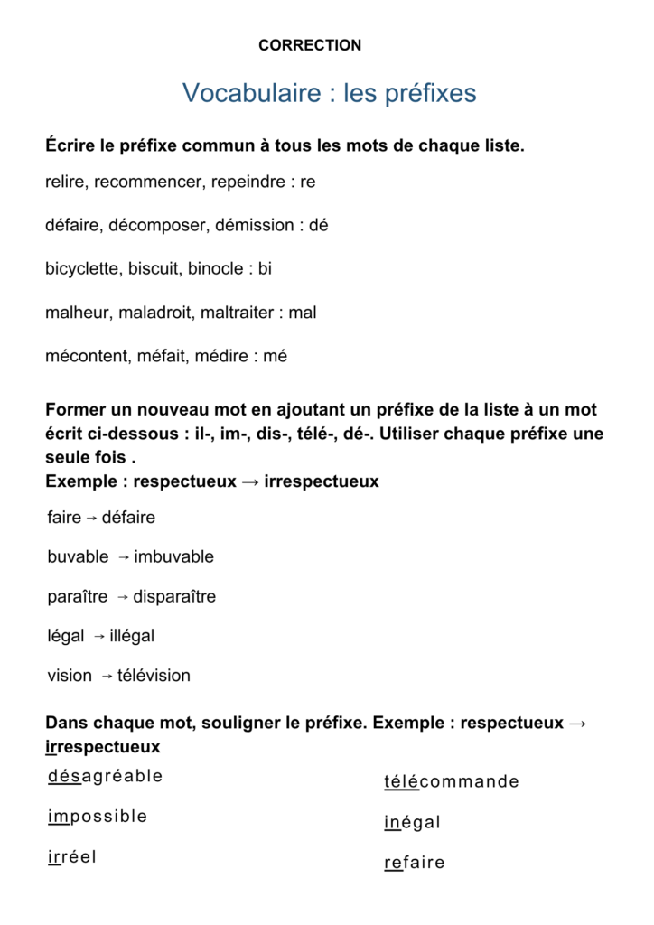 fiche exercices préfixes cycle 2 cycle 3
