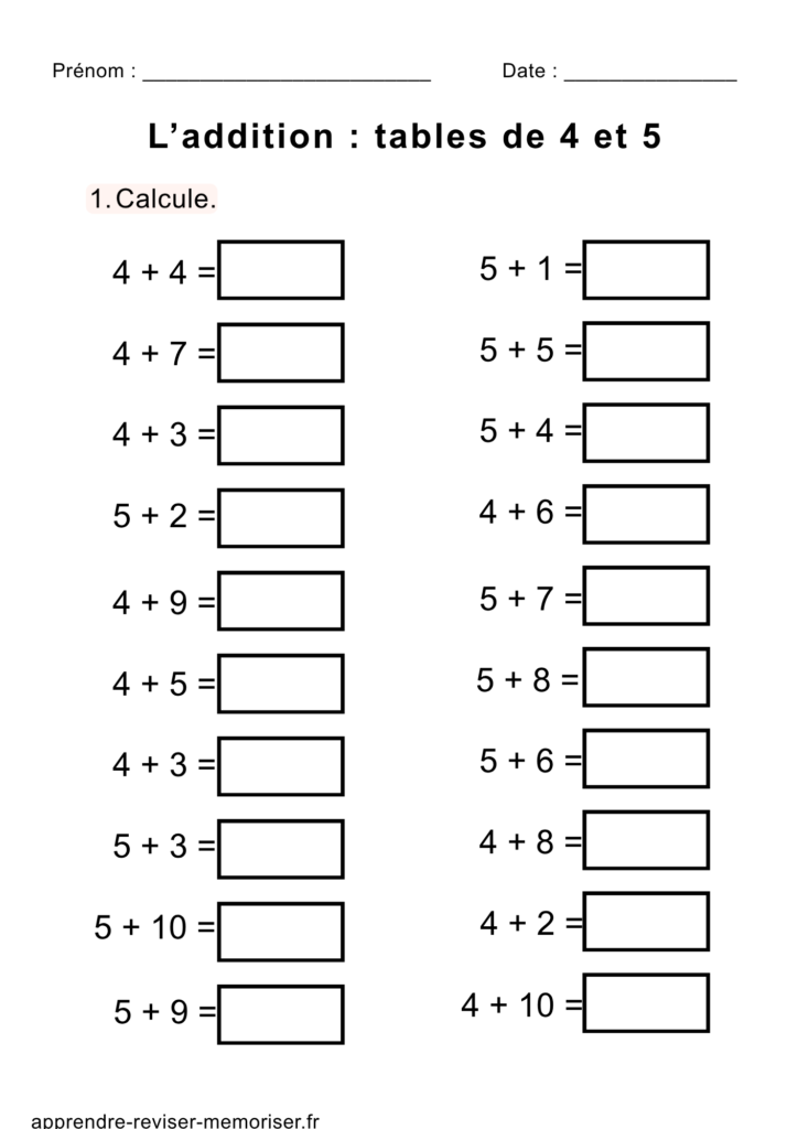 fiches calcul tables additions