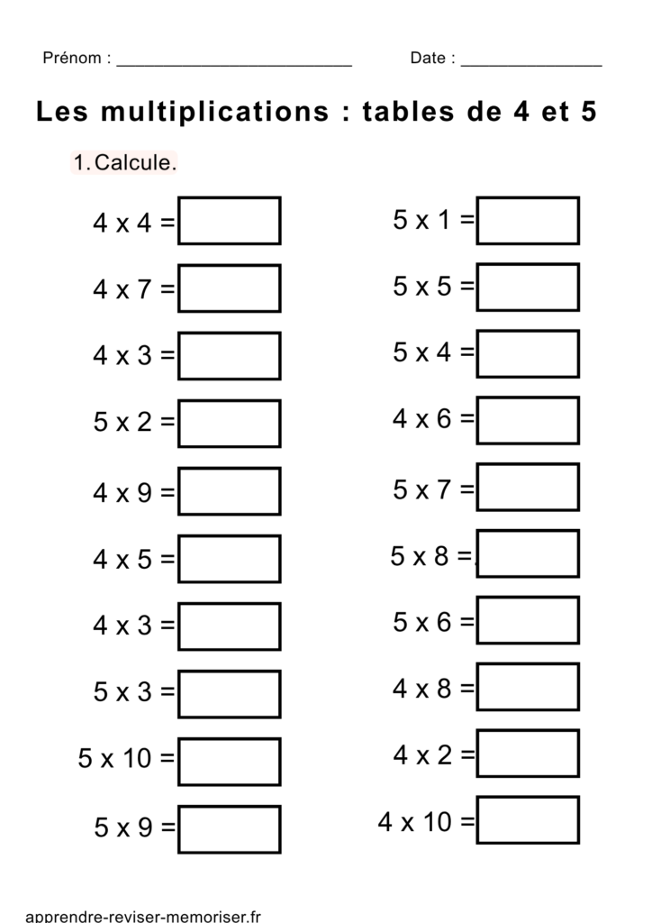 fiches exercices calcul multiplications